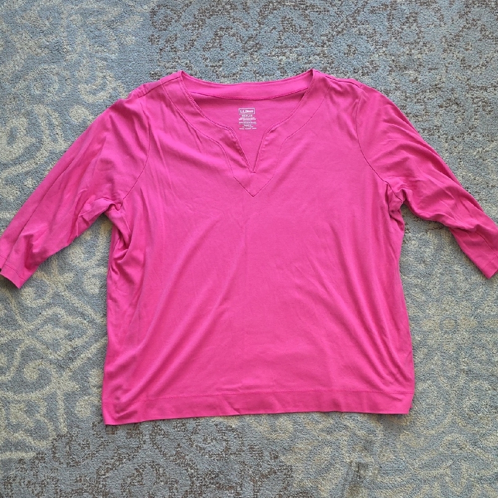 L.L. Bean Notch VNeck Supima Cotton 3/4 Sleeve Top Pink 3X Plus